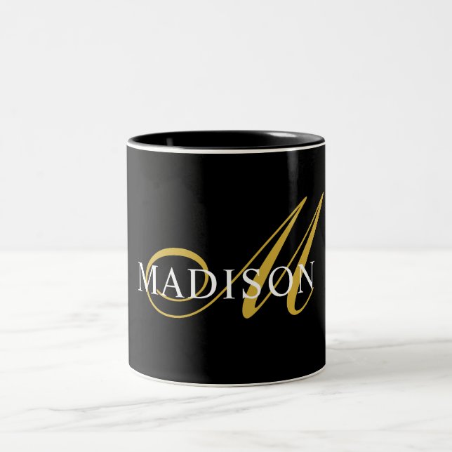Modern Monogram Guld Black White Namn Två-Tonad Mugg (Center)