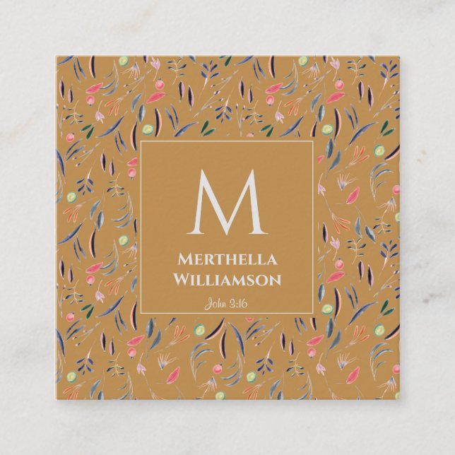 Modern MONOGRAM Guld Blommigt Watercolor Fyrkantigt Visitkort (Framsida)