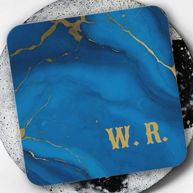 Modern monogram guld glitter blå marmor  fyrkantigt visitkort (Skapare uppladdad)