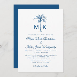 Modern monogram Handflatan Träd Formell Beach Wedd Inbjudningar