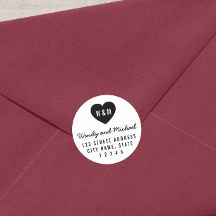Modern Monogram Heart par Bröllop Adress Runt Klistermärke