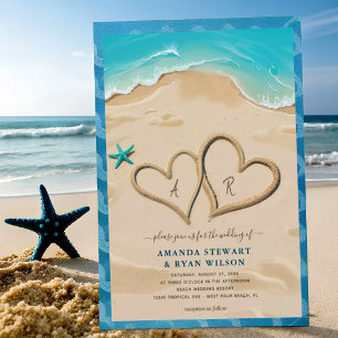 Modern Monogram Hearts i Sand Bröllop Inbjudningar