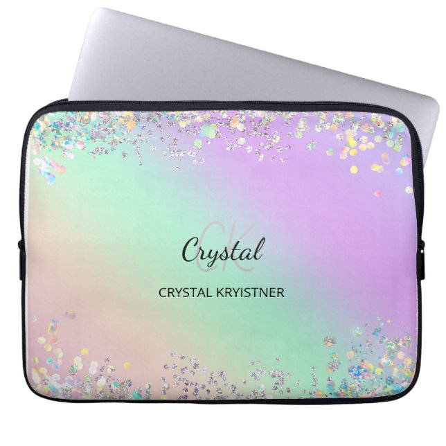 Modern monogram Hologragrafisk pastel Glitter Laptop Fodral (Framsidan)