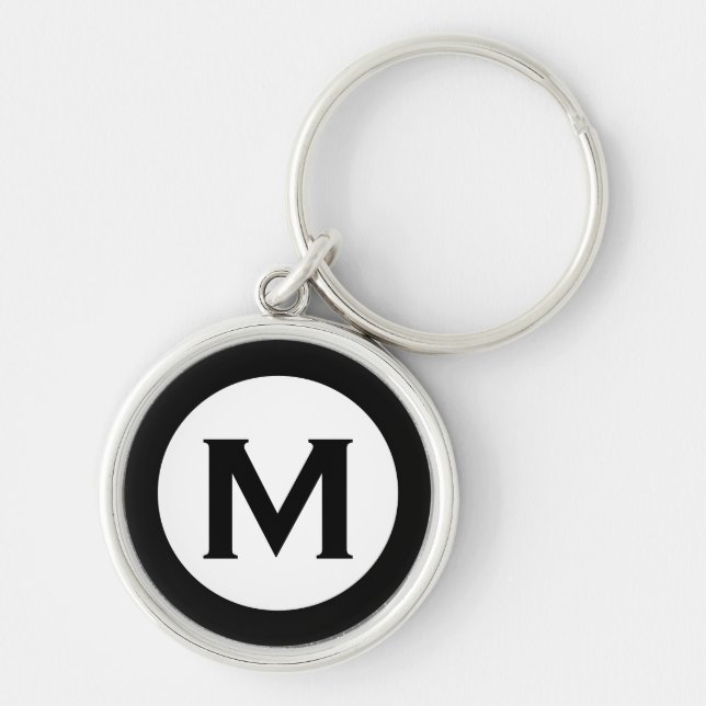 Modern Monogram Initial Brev Black White Rund Silverfärgad Nyckelring (Framsidan)