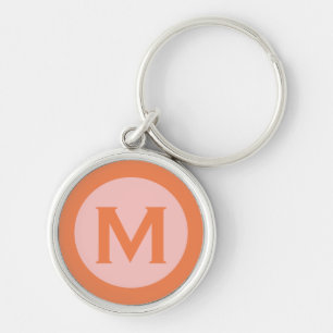 Modern Monogram Initial Brev Rosa Orange Rund Silverfärgad Nyckelring