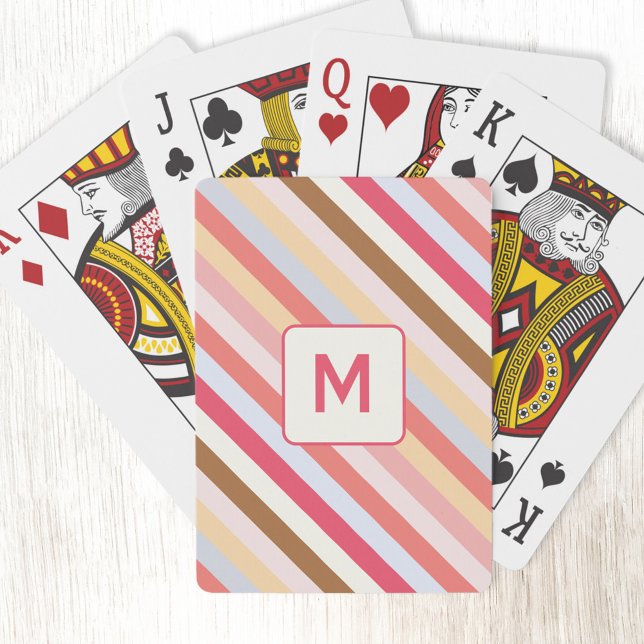 Modern Monogram Initial Diagonal Candy Rand Casinokort (Modern muted diagonal candy stripe monogram initial personalized playing cards)