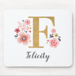 Modern Monogram Initial Girly Rosa Blommigt Musmatta<br><div class="desc">Ett vackert,  femininin monogrammat musknapp för rosa blommigt med rosa blommor och ett faux guld monogram brev F. Anpassa musknappen genom att lägga till ditt namn under monogrammet. Gör en roligt till en vän eller till en brud gåva. Designad av Blackberry Boulevard.</div>