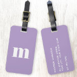 Modern monogram initial Lilac-Lila Bagagebricka<br><div class="desc">Modern nedre typografi av fodral,  minimalistisk första utformning som kan ändras för att anpassas,  tillsammans med detaljerna på motsatt sida. Vit på en pastellliknande lila.</div>