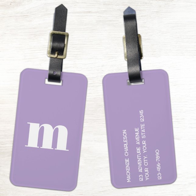 Modern Monogram Initial Lilac Pastel Bagagebricka (Modern monogram initials personalized minimalist dopamine lilac purple luggage tag for adventurers)