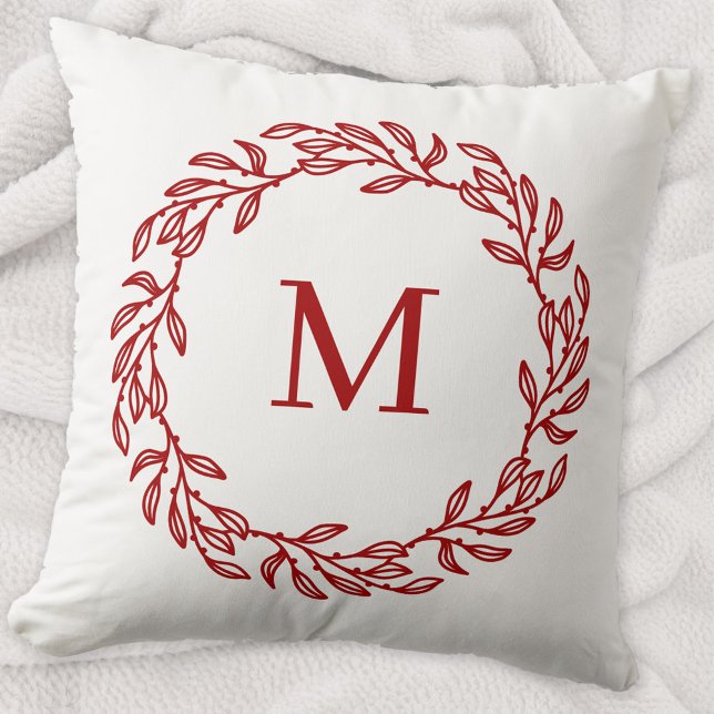 Modern Monogram Initial Red Löv och Berry Wandan Kudde (Modern monogram initial red and white leafy botanical wreath throw pillow)