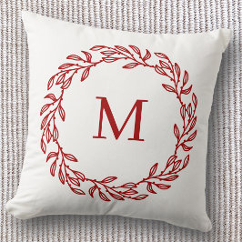 Modern monogram initial röd blad- och bärkrans kudde