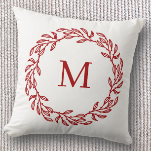 Modern monogram initial röd blad- och bärkrans kudde