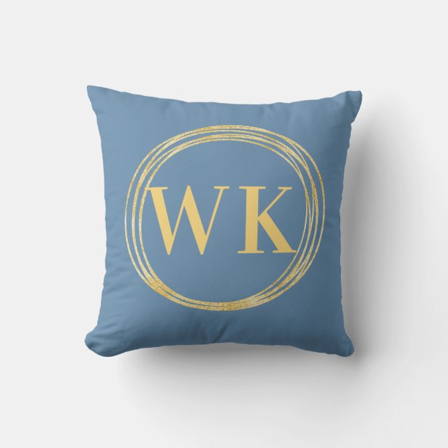 Modern Monogram Initialer Dusty Blue Guld Circles Kudde (Framsida)