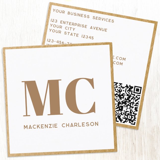 Modern Monogram Initialer QR-kod Guld Ram Fyrkantigt Visitkort (Minimalist monogram initial QR code faux gold foil frame professional business card)