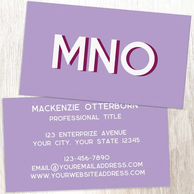 Modern monogram Initialer Shadow Visitkort (Modern drop shadow monogram initials business card in lilac purple)