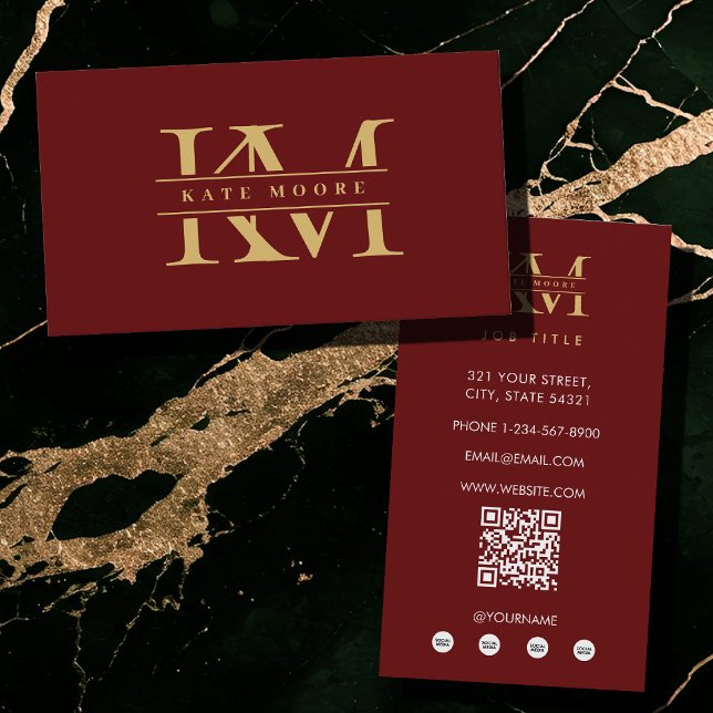 Modern Monogram Initials Professional Red Gold Visitkort (Modern Monogram Initials Professional Red Gold Business Card)