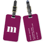 Modern Monogram - inledande Bagagebricka<br><div class="desc">Modern nedre typografi av fodral,  minimalistisk första utformning som kan ändras för att anpassas,  tillsammans med detaljerna på motsatt sida. Vit på burgundisk bakgrund.</div>