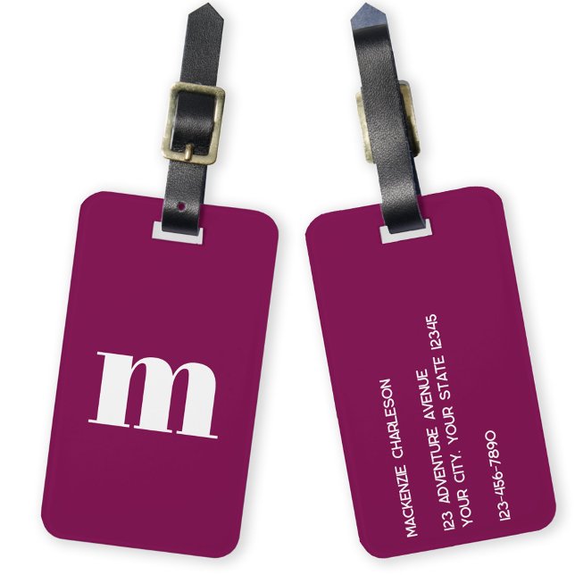 Modern Monogram - inledande Bagagebricka (Simple lower case modern monogram initial personalized luggage tag in dark pink burgundy)
