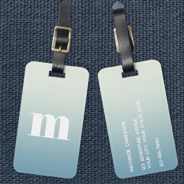Modern monogram inledande blå gradient bagagebricka (Simple modern monogram personalized teal aqua gradient luggage tag)