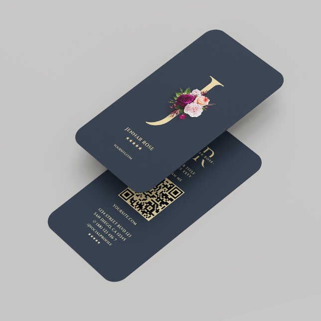 Modern Monogram J Blommigt Mörk blått Guld Visitkort (Modern Monogram J Floral Dark Blue Gold Business Card
)