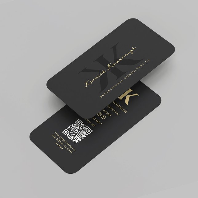 Modern Monogram K Professionell Marknadsföring Visitkort (Modern Monogram K Initial Professional Marketing Consultant Black and Gold QR Business Card
)