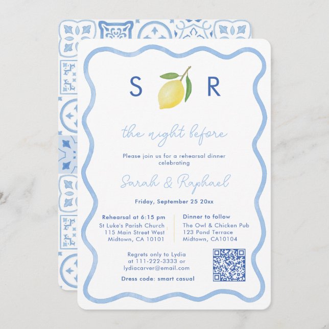 Modern Monogram Lemon Bröllop Rehearsal Middag Inbjudningar (Fram/baksida)