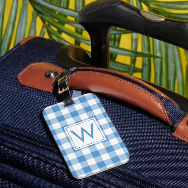 Modern Monogram Light Blue Girly Gingham Mönster Bagagebricka (Framsida Insitu 1)