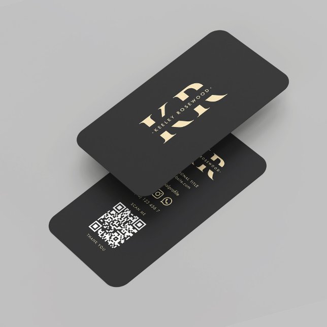 Modern Monogram Logotyp Black Guld Professionell Visitkort (Modern Monogram Logo Black Gold Professional Elegant Initials K R QR Code Logo Business Card
)