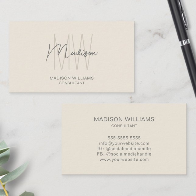 Modern monogram Logotyp Cream Tan Consultant Visitkort (Modern Monogram Logo Cream Tan Consultant Business Card)