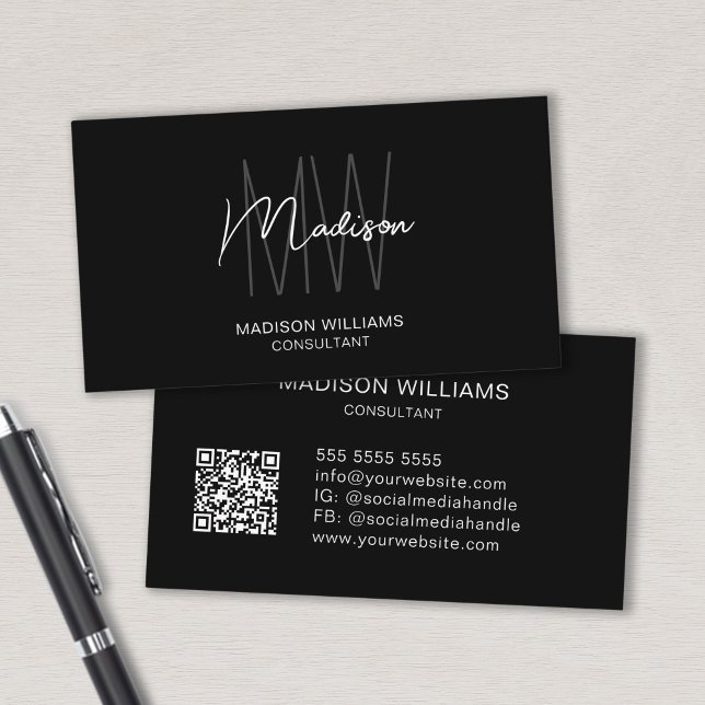 Modern monogram Logotyp QR Black White Consultant Visitkort (Modern Monogram Logo QR Black White Consultant Business Card)