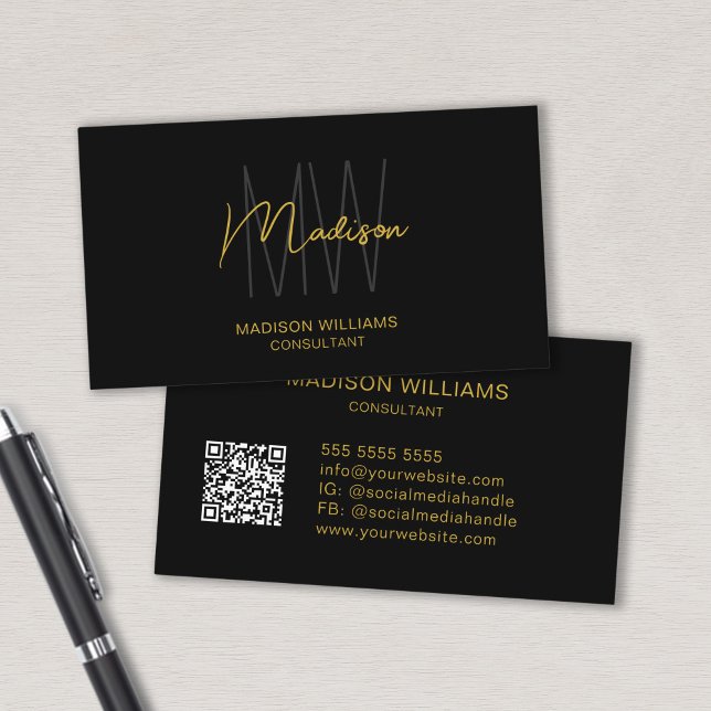 Modern Monogram Logotyp QR Code Black Guld Consult Visitkort (Modern Monogram Logo QR Code Black Gold Consultant Business Card)