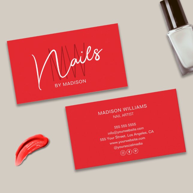 Modern Monogram Logotyp Red Nail Artist Visitkort (Modern Monogram Logo Red Nail Artist Business Card)