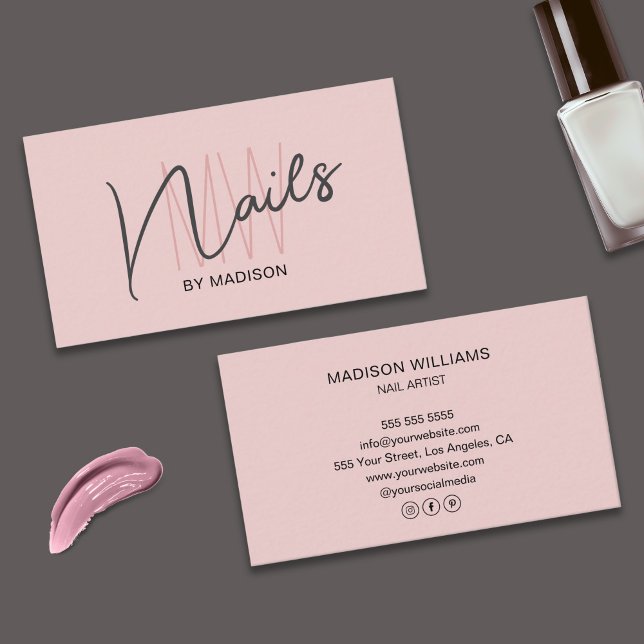 Modern monogram Logotyp  Rosa Nail Artist Visitkort (Modern Monogram Logo Blush Pink Nail Artist Business Card)