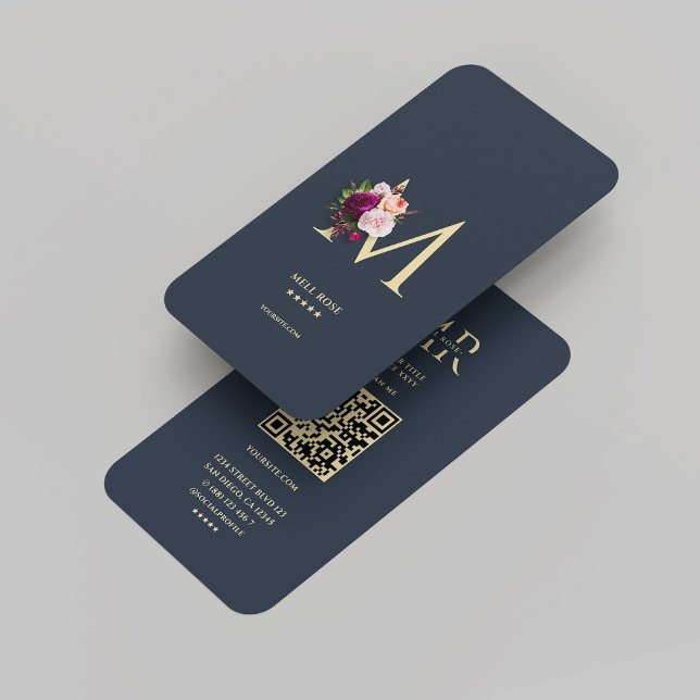 Modern monogram M-Blommigt Mörk blått Guld Visitkort (Modern Monogram M Floral Dark Blue Gold Business Card
)