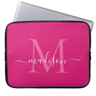 Modern Monogram Magenta Rosa Girly Script Namn Laptop Fodral