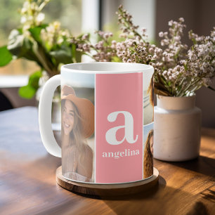 Modern monogram med 5 fotokollage - koral kaffemugg