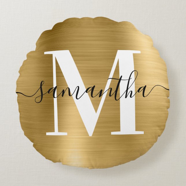 Modern monogram med guldprägling foto rund kudde (Framsidan)