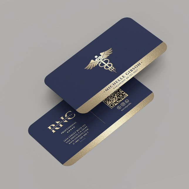 Modern Monogram Medicinsk Caduceus Blue Faux Guld Visitkort (Modern Monogram Medical Caduceus Blue Gold Business Card
)