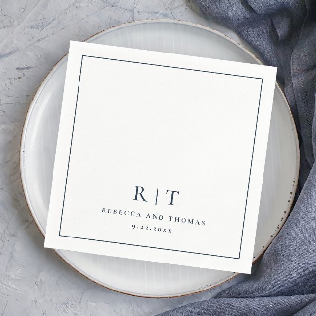 Modern Monogram - minimalistisk Bröllop Pappersservett (Elegant Navy Blue and White Wedding Monogram Napkins.)