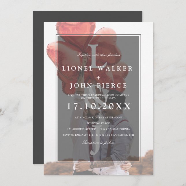 Modern monogram, minimalistisk foto gay bröllop inbjudningar (Fram/baksida)