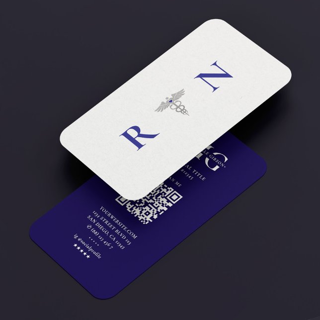 Modern Monogram Mörk blått RN Caduceus Travel Nurs Visitkort (Modern Monogram Dark Blue RN Caduceus Travel Nurse Business Card
)