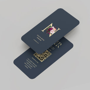 Modern Monogram N Blommigt Mörk blått Guld Visitkort