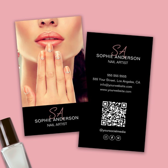 Modern Monogram Nail Artist Black Visitkort (Modern Monogram Nail Artist Black Business Card)