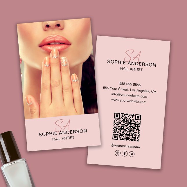 Modern monogram Nail Artist Rosa Visitkort (Modern Monogram Nail Artist Pink Business Card)