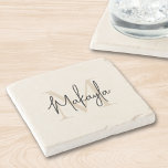 Modern Monogram Name Stenunderlägg<br><div class="desc">This stone coaster features a modern,  elegant monogram and name in stylish script calligraphy on a neutral beige background. It is easily customizable. Makes a perfect housewarming gift or a gift for a friend.</div>