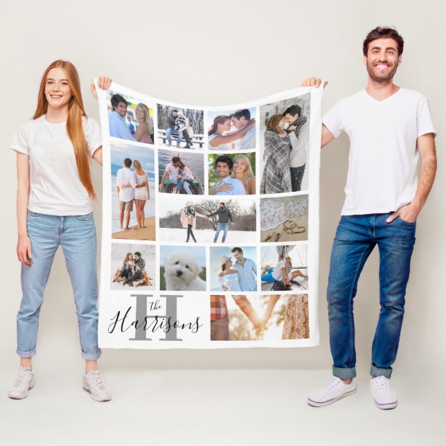 Modern Monogram Namn 14 Photo Collage White Ull Fleecefilt (På plats)