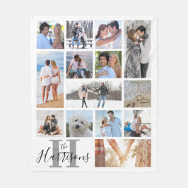 Modern Monogram Namn 14 Photo Collage White Ull Fleecefilt