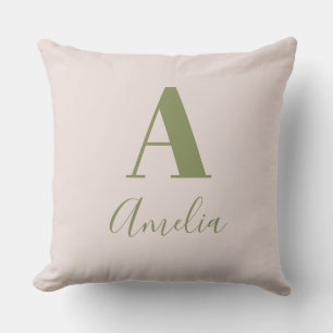 Modern Monogram Namn Beige Sage Grönt Kudde