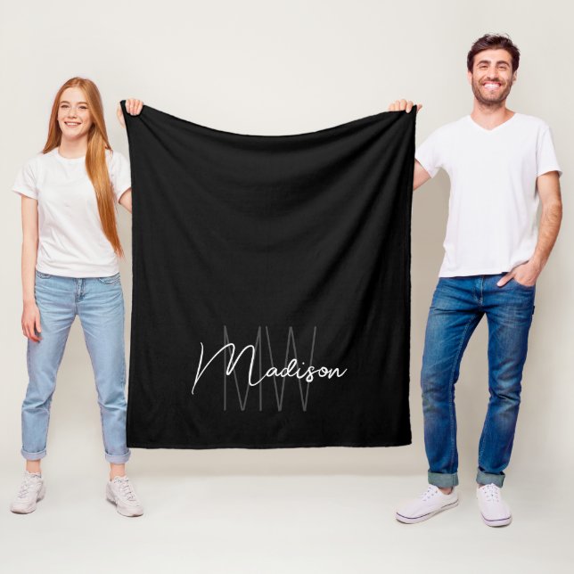 Modern Monogram Namn Black White Fleecefilt (På plats)