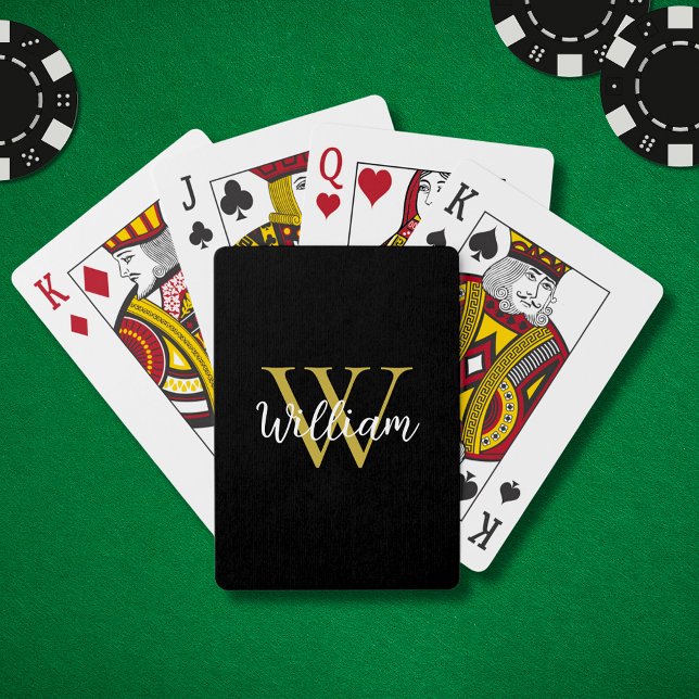 Modern monogram Namn Casinokort (Modern and classic black custom personalized playing cards with monogram and first name)